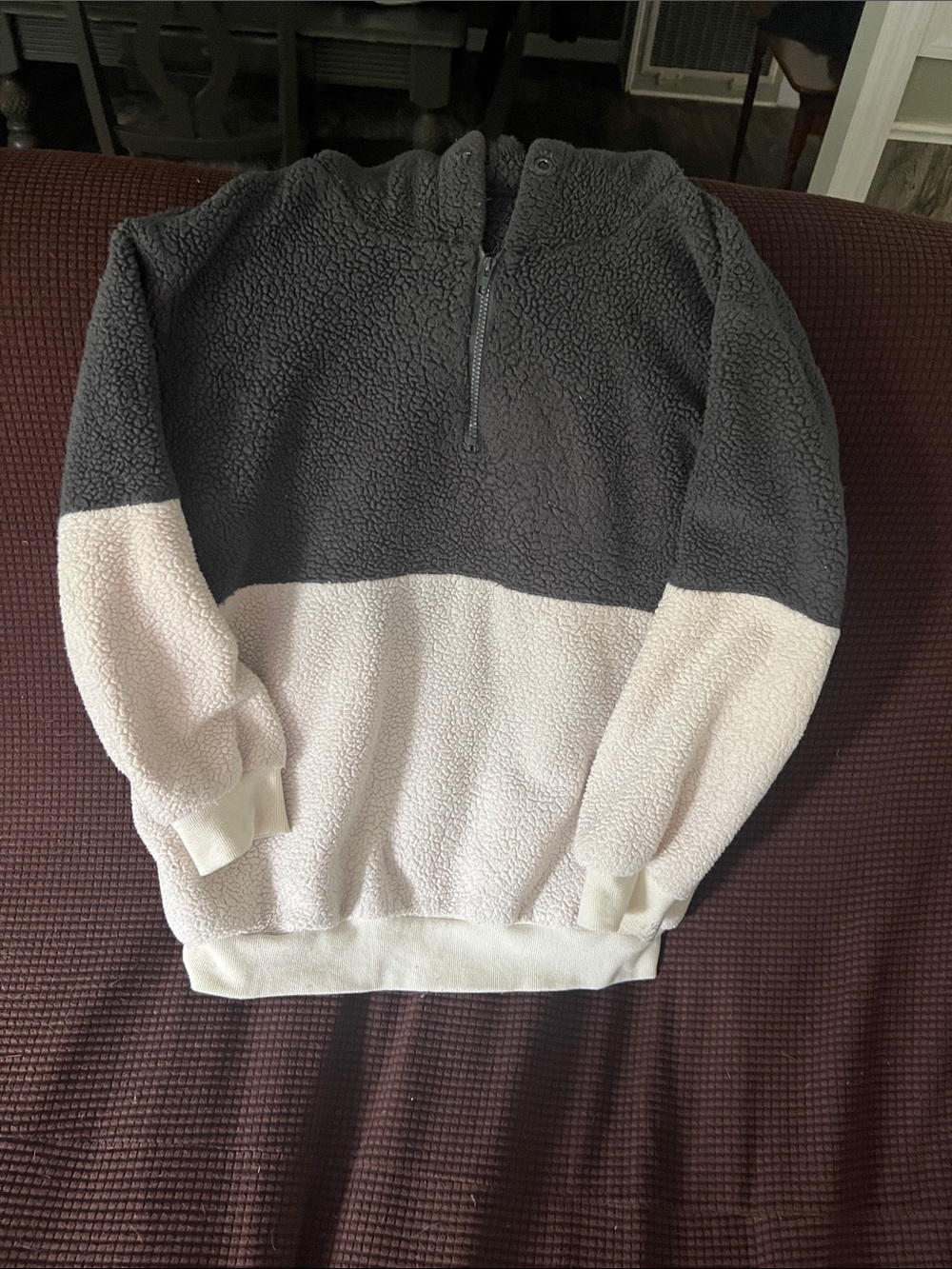 Cozy Two-Tone Sherpa Half-Zip Pullover - Charcoal & Cream